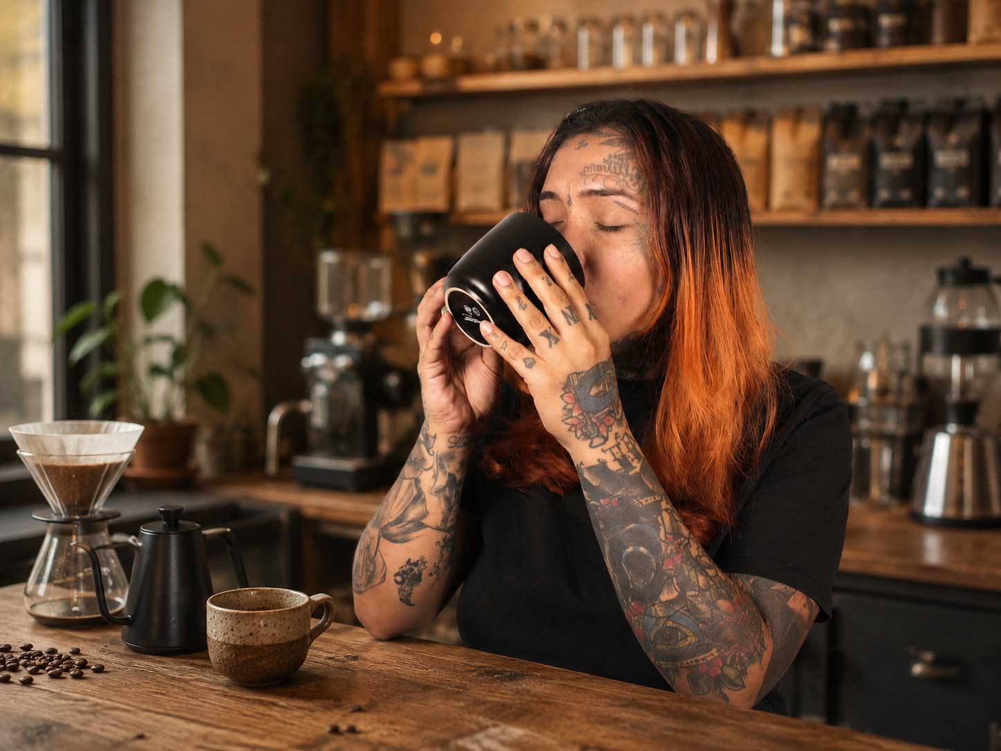 Cat disfrutando de un café de especialidad
