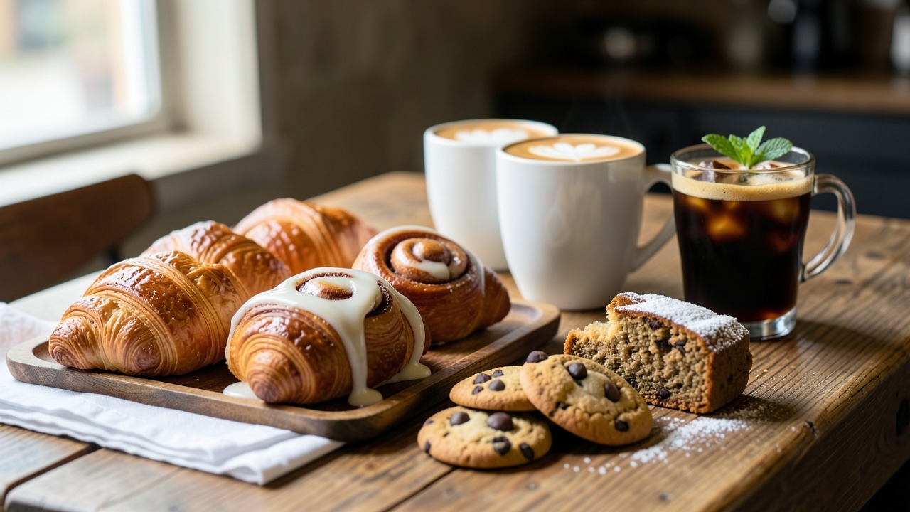 Croissants, cinnamon rolls y tazas de café con leche vegetal en una mesa de cafetería de especialidad